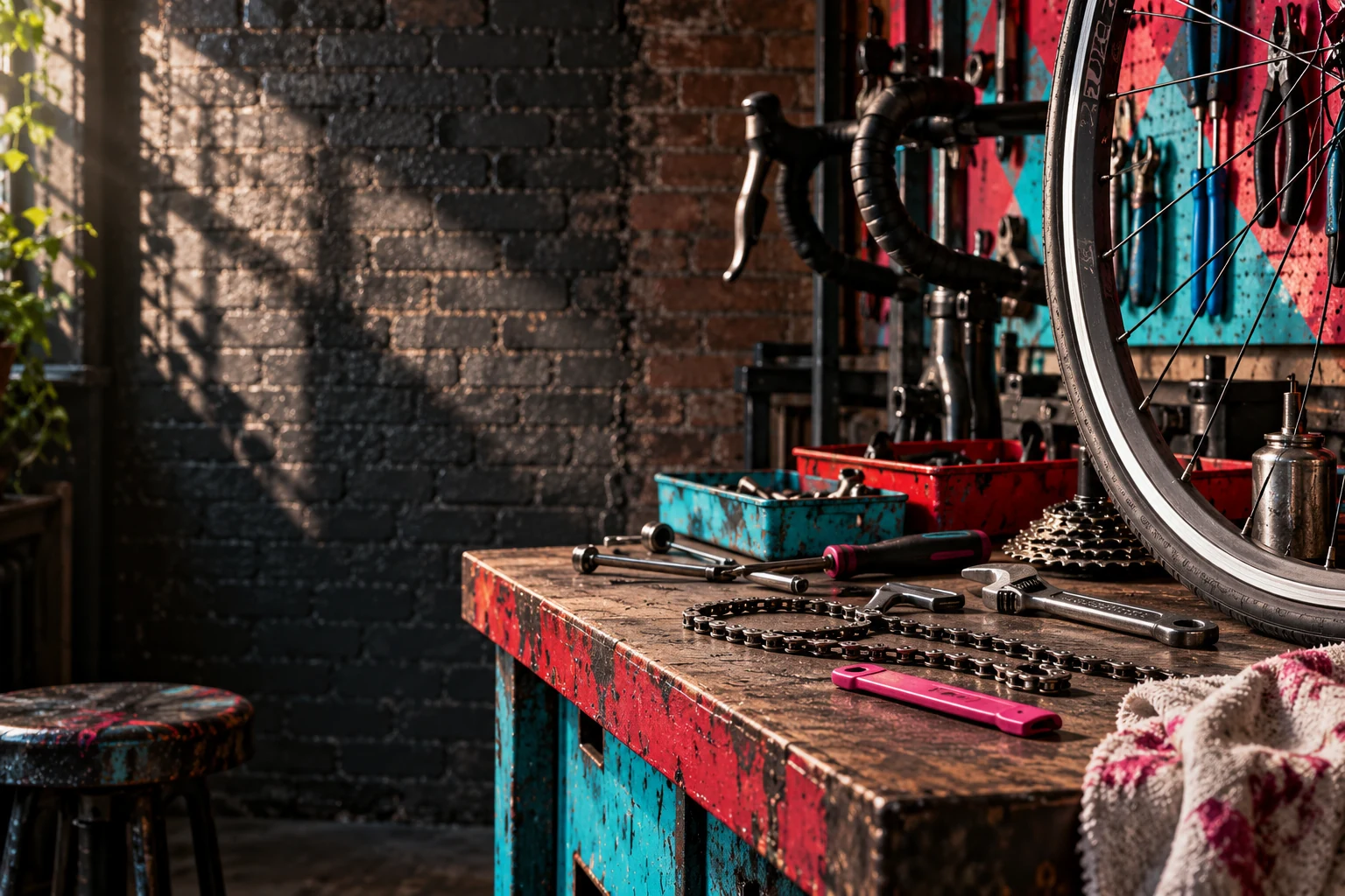 Illustrative bicycle repair workbench with wheel, chain and tools against a brick wall; not Sanba’s exact premises, inventory or a completed repair.